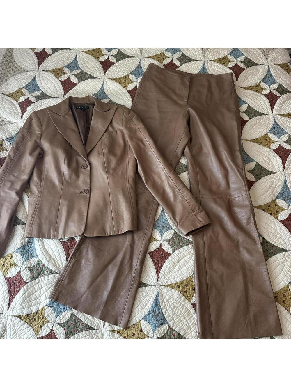 Vintage Penta brown 100% real leather woman’s pants suit Size 8 rare statement